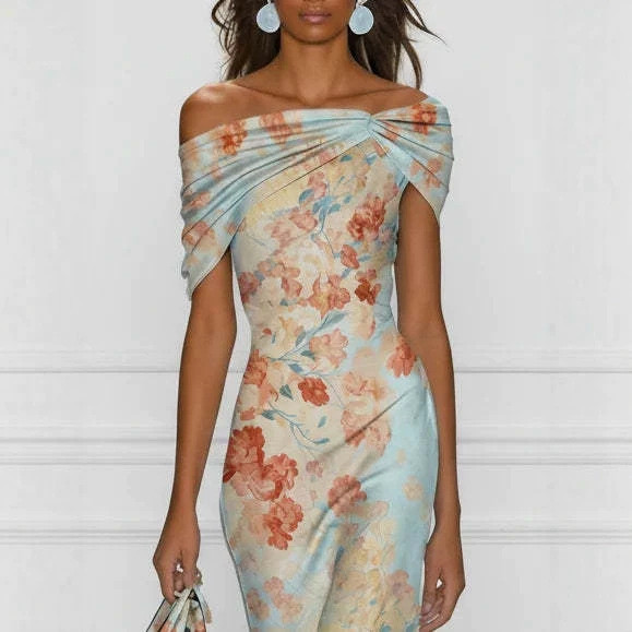✨Evening & Formal One-Shoulder Off Shoulder Floral Print Short Sleeve Dress🌙