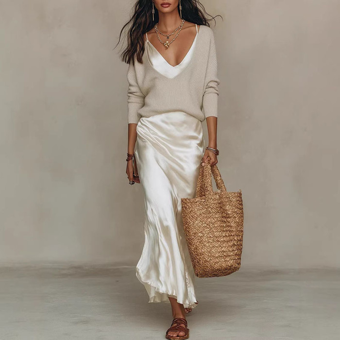 ✨Beach & Vacation V-Neck Sweater & Satin Long Dress Two Piece Set🌊