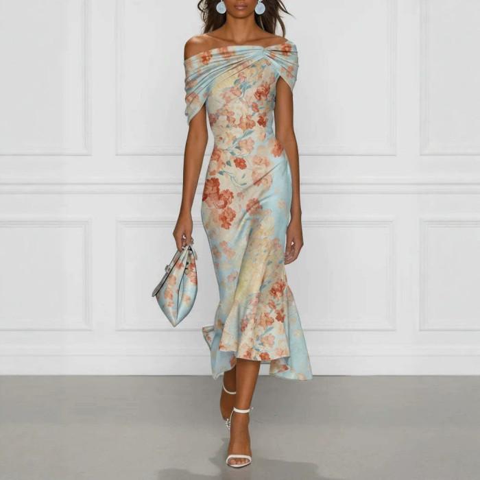 ✨Evening & Formal One-Shoulder Off Shoulder Floral Print Short Sleeve Dress🌙