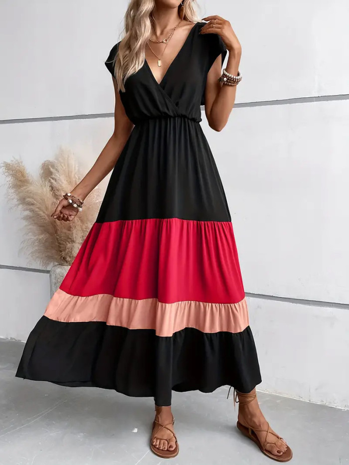 ✨Formal & Resort V-Neck Belted Contrast Striped Hem Bohemian Dress🌿