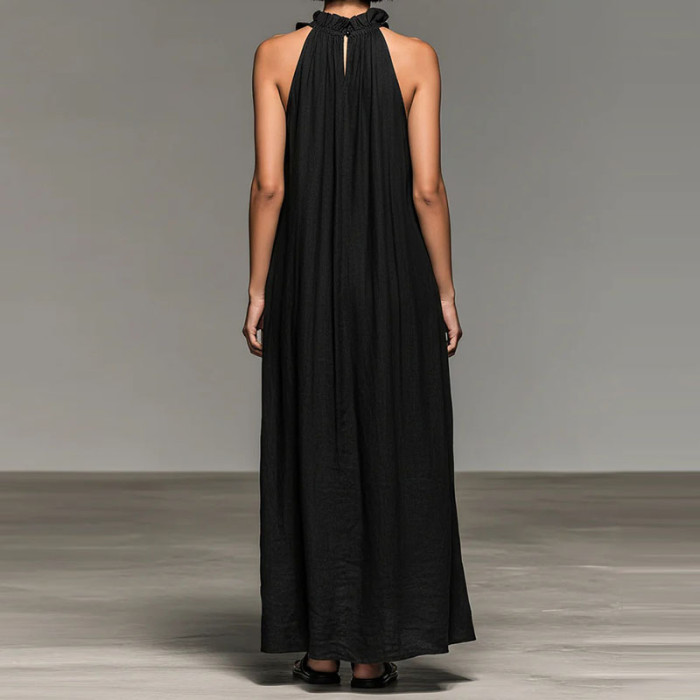 ✨Boho & Retro Halter Ruffle Trim Off Shoulder Sleeveless Maxi Dress🤎