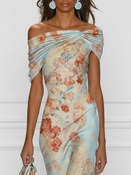 ✨Evening & Formal One-Shoulder Off Shoulder Floral Print Short Sleeve Dress🌙