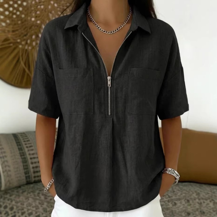 ✨Daily & Casual Flip Collar Half Zipper Pocket Short Sleeve Top🌿