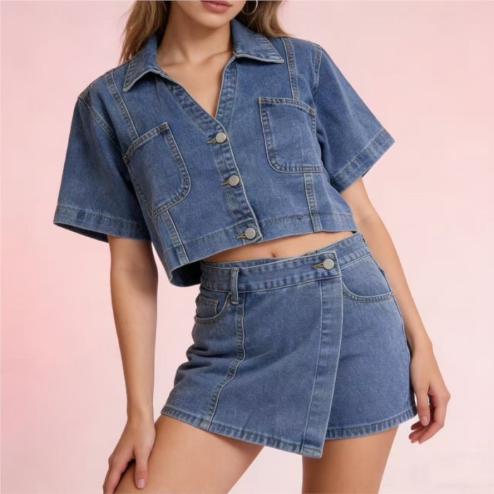✨Commute & Daily Cotton Short Sleeve Denim Skirt Pants Two Piece Set🌷
