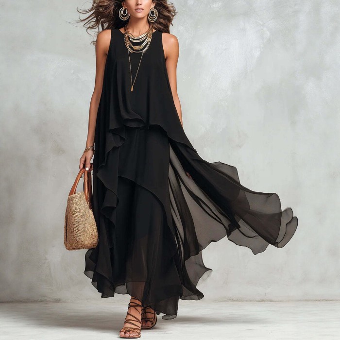 ✨Holiday & Street O-Neck Sleeveless Irregular Hem Black Maxi Dress🖤
