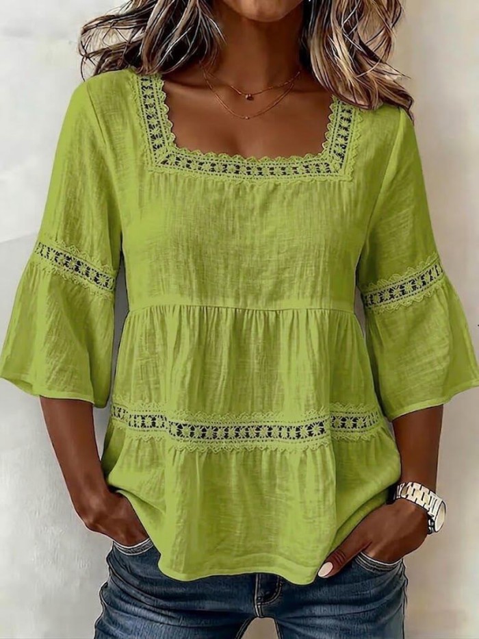 ✨Daily & Casual Square Collar Lace Patchwork Seven-Quarter Sleeve Hollowed Top🌷