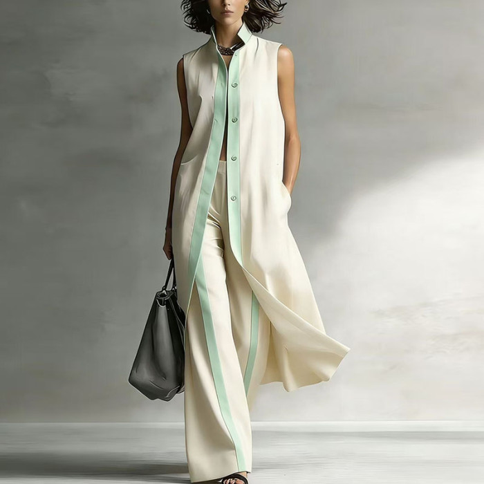 ✨Daily & Commute Contrast Color Single Breasted Long Shirt Cardigan Pants Set🌷