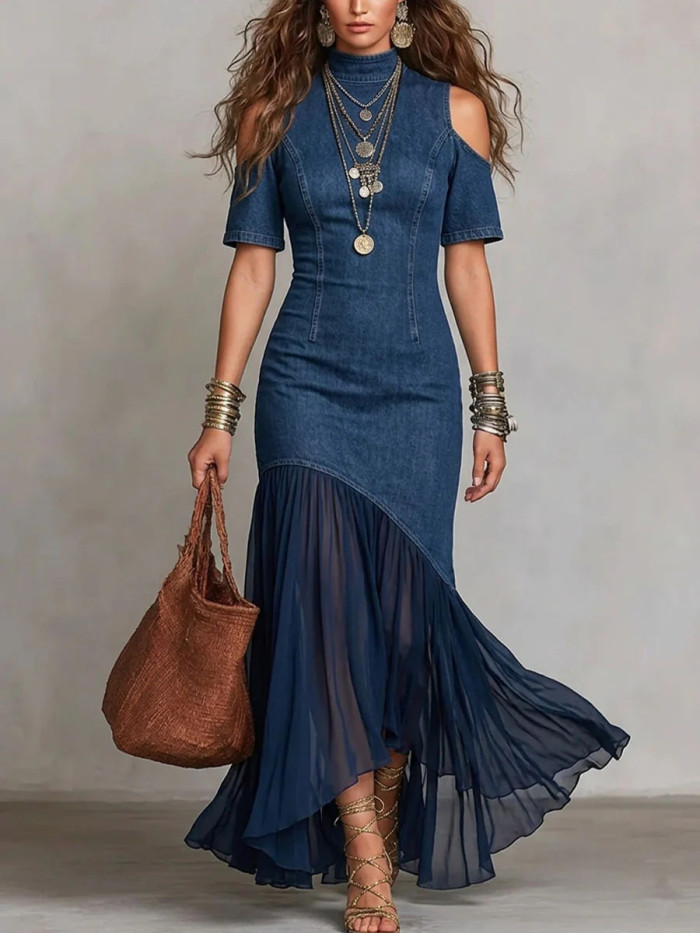 ✨Street & Party Off Shoulder Denim Patchwork Mesh Ruffle Fishtail Maxi Dress🌷