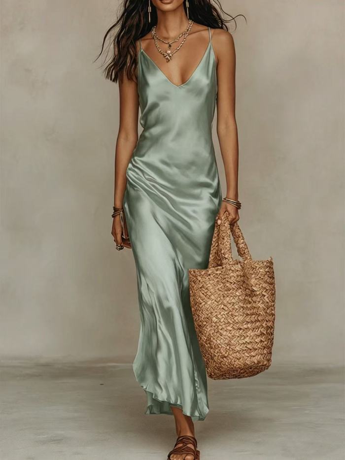 ✨Party & Banquet Deep V Neck Spaghetti Strap Satin Bodycon Long Dress🌙