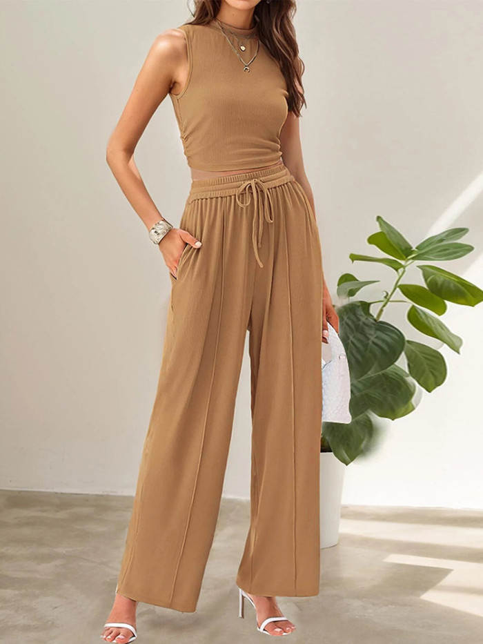 ✨Daily & Casual Round Neck Sleeveless Solid Color Pants Set🌿