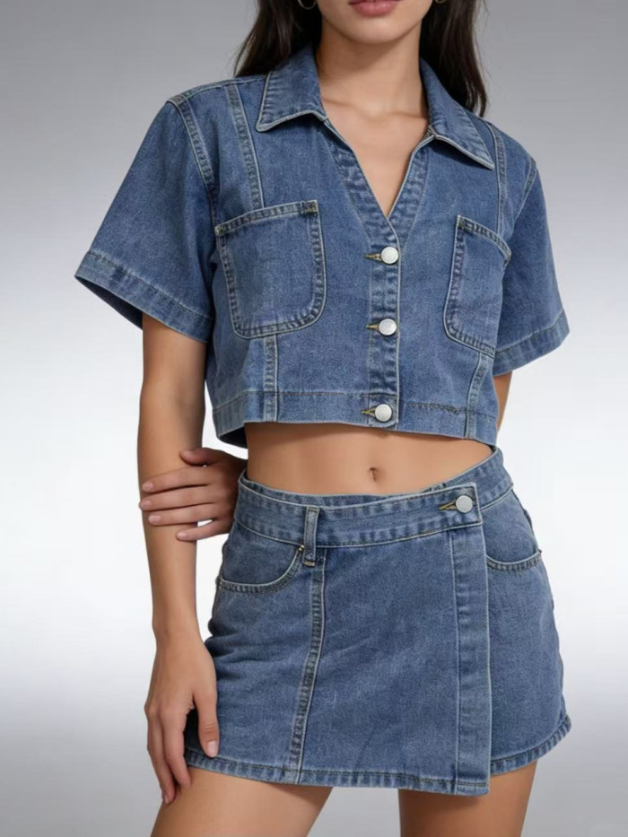 ✨Commute & Daily Cotton Short Sleeve Denim Skirt Pants Two Piece Set🌷