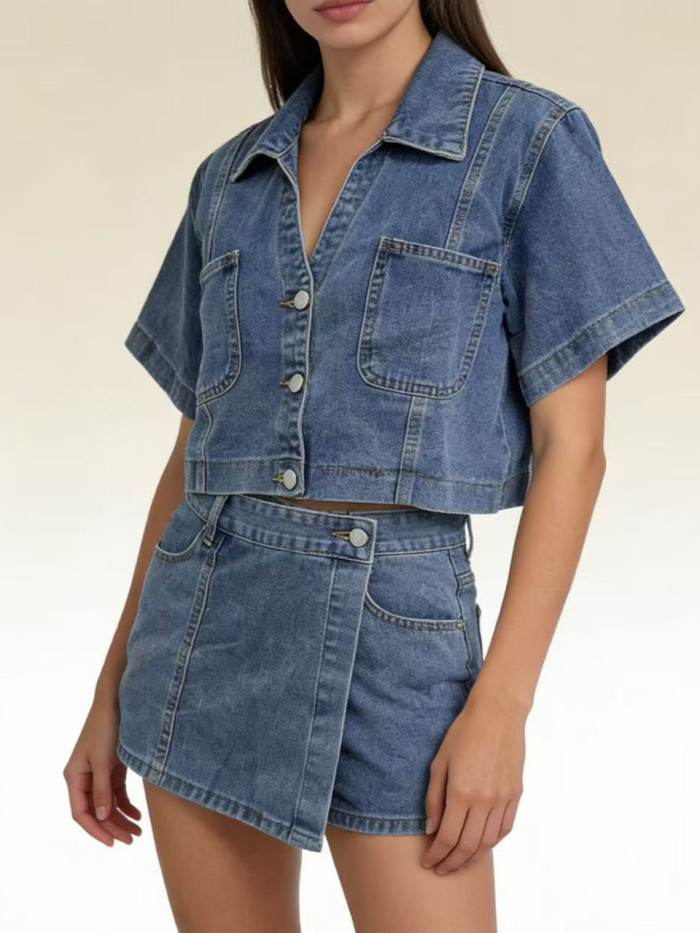 ✨Commute & Daily Cotton Short Sleeve Denim Skirt Pants Two Piece Set🌷