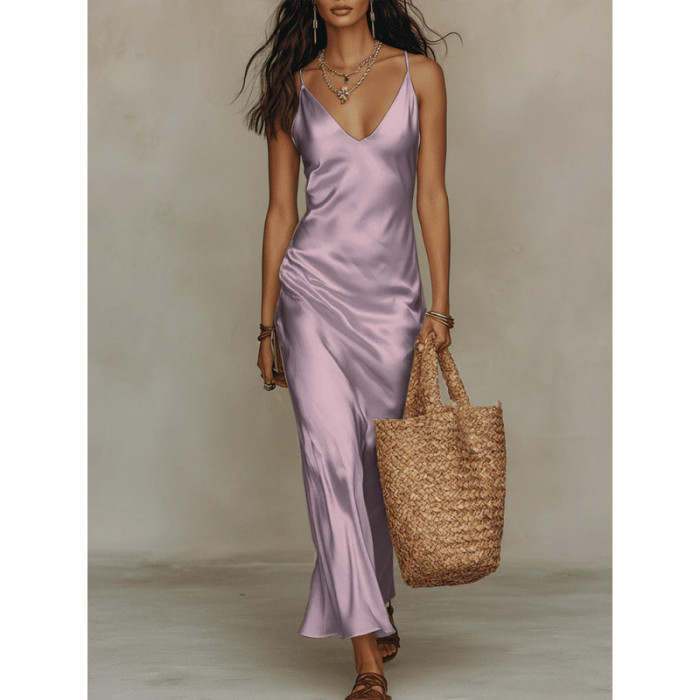 ✨Party & Banquet Deep V Neck Spaghetti Strap Satin Bodycon Long Dress🌙