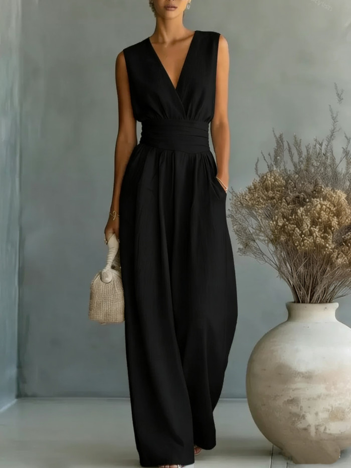 ✨Vacation & Boho V Neck High Waist Solid Jumpsuit🌿