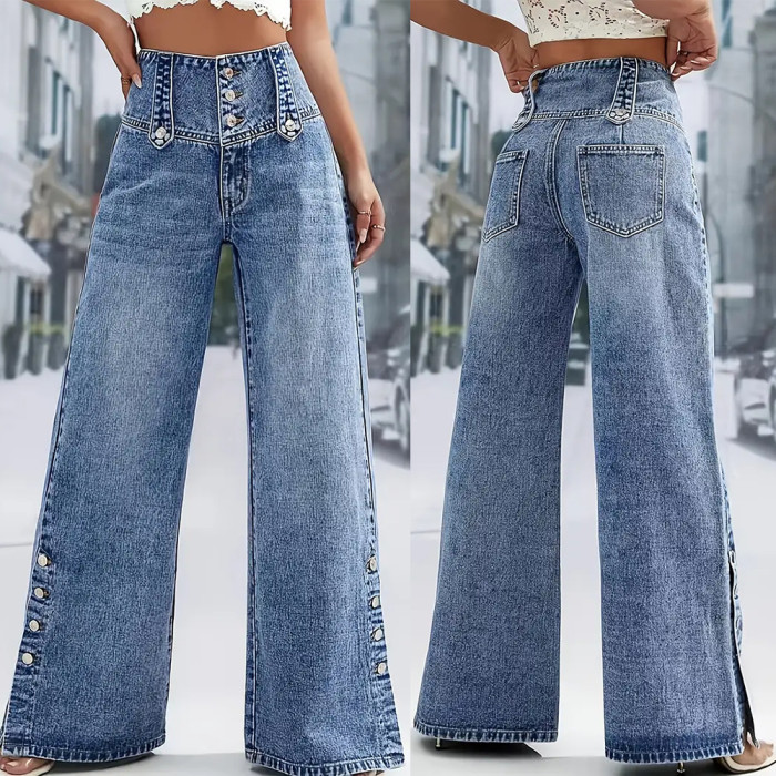 ✨Daily & Dating Blue High Waist Multi Button Wide Leg Jeans🌿