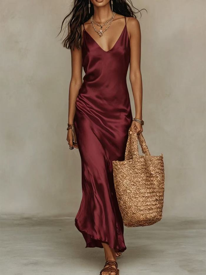 ✨Party & Banquet Deep V Neck Spaghetti Strap Satin Bodycon Long Dress🌙