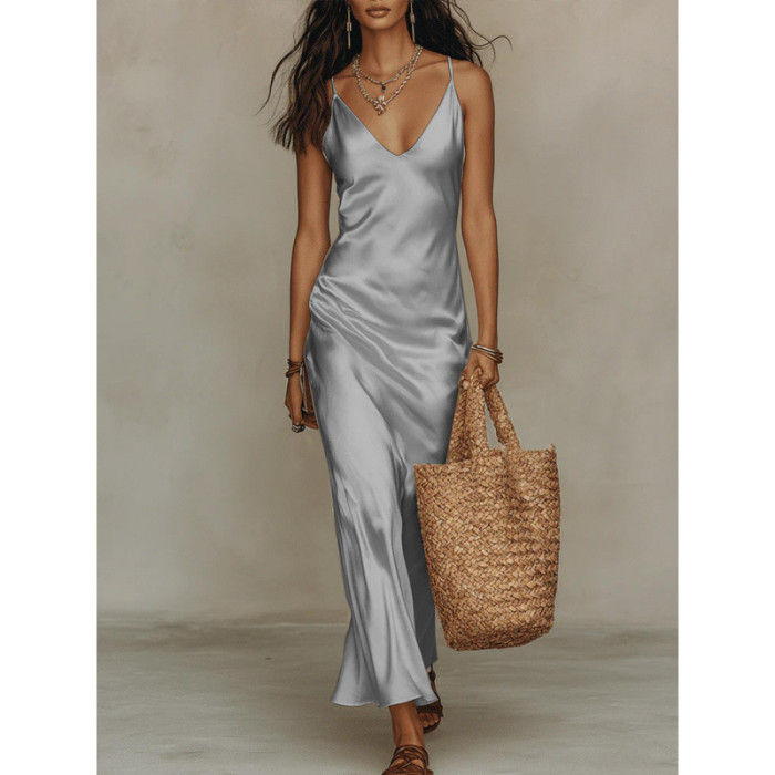 ✨Party & Banquet Deep V Neck Spaghetti Strap Satin Bodycon Long Dress🌙
