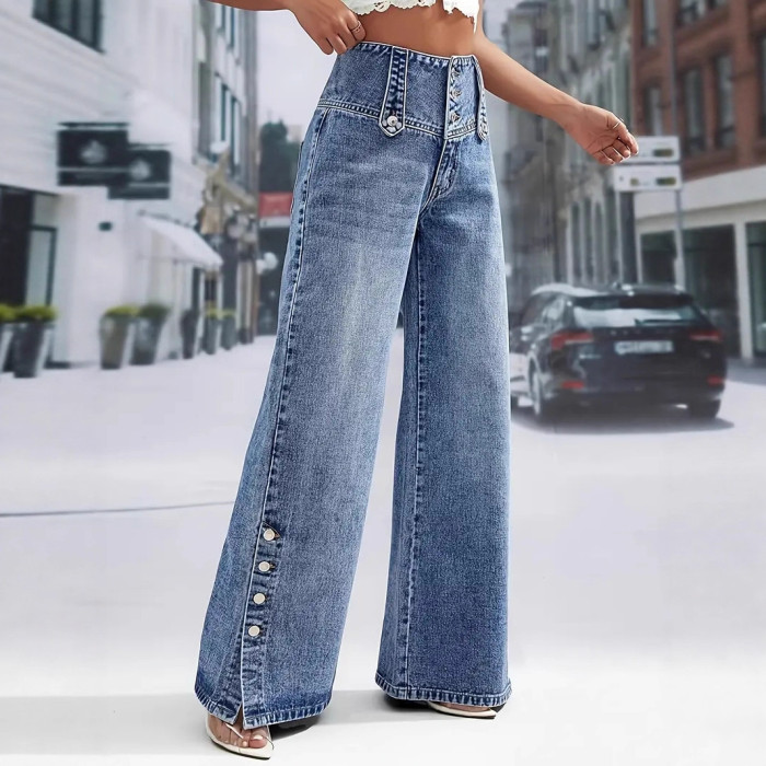 ✨Daily & Dating Blue High Waist Multi Button Wide Leg Jeans🌿