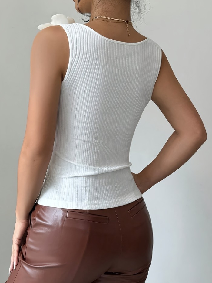 ✨Daily & Dating Square Neck Pearl 3D Floral Ribbed Knit Tank Top🌷