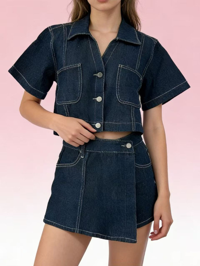 ✨Commute & Daily Cotton Short Sleeve Denim Skirt Pants Two Piece Set🌷