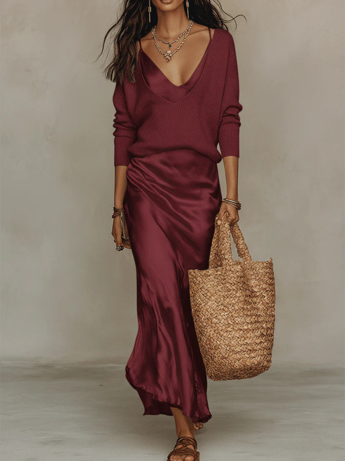 ✨Beach & Vacation V-Neck Sweater & Satin Long Dress Two Piece Set🌊