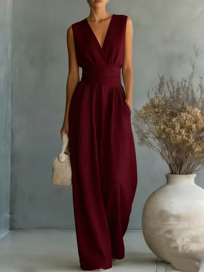 ✨Vacation & Boho V Neck High Waist Solid Jumpsuit🌿