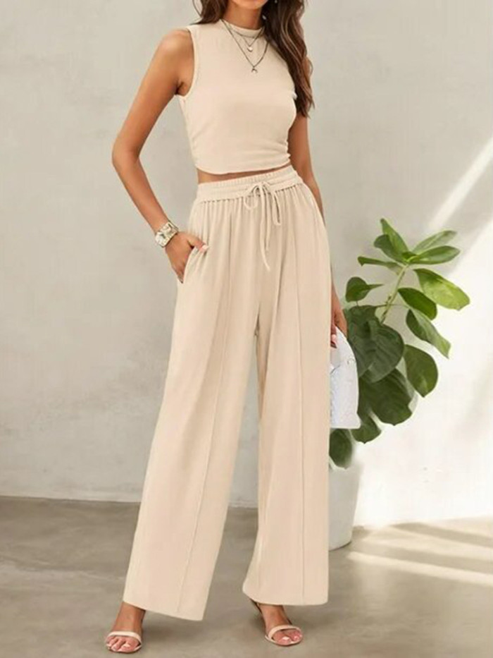 ✨Daily & Casual Round Neck Sleeveless Solid Color Pants Set🌿