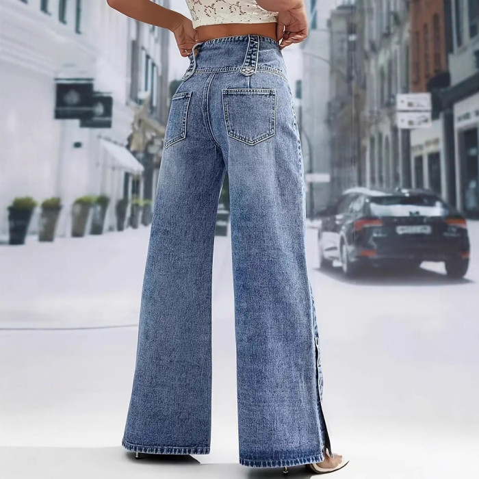 ✨Daily & Dating Blue High Waist Multi Button Wide Leg Jeans🌿