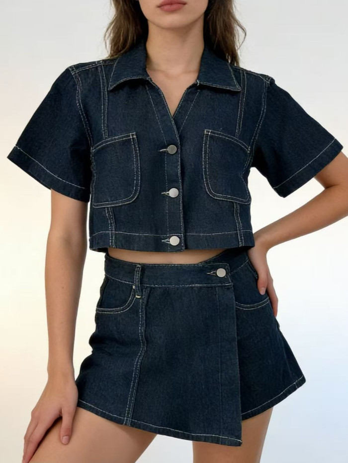 ✨Commute & Daily Cotton Short Sleeve Denim Skirt Pants Two Piece Set🌷