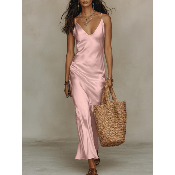 ✨Party & Banquet Deep V Neck Spaghetti Strap Satin Bodycon Long Dress🌙