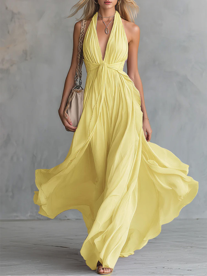 ✨Party & Daily V-neck Cinched Waist Sleeveless Solid Color Dress🌙