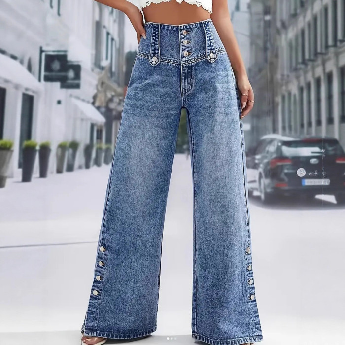 ✨Daily & Dating Blue High Waist Multi Button Wide Leg Jeans🌿