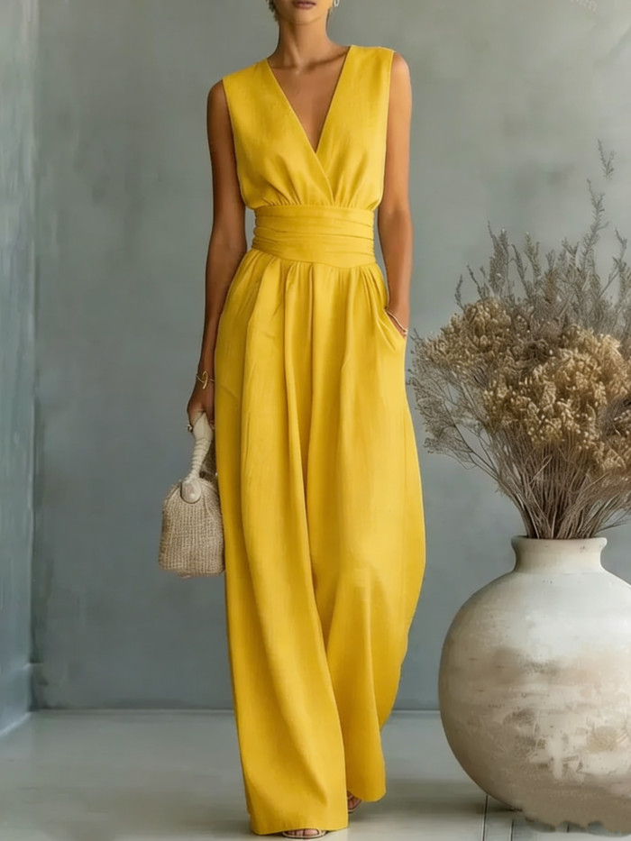 ✨Vacation & Boho V Neck High Waist Solid Jumpsuit🌿
