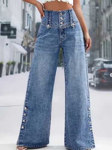 ✨Daily & Dating Blue High Waist Multi Button Wide Leg Jeans🌿