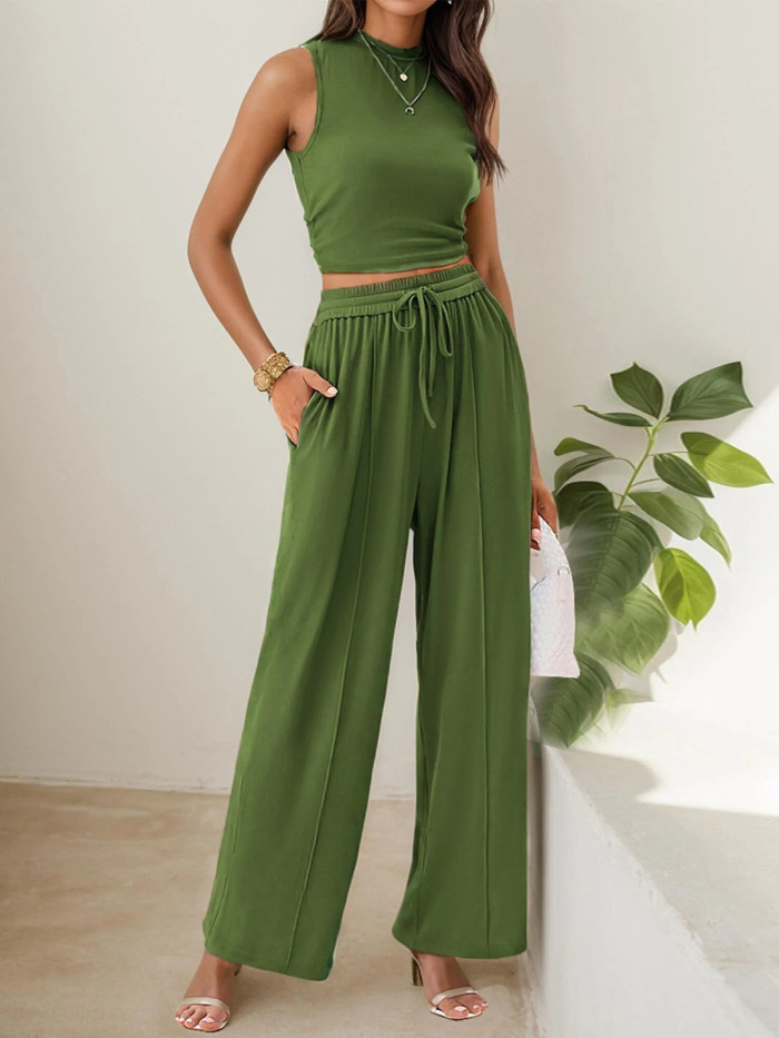 ✨Daily & Casual Round Neck Sleeveless Solid Color Pants Set🌿
