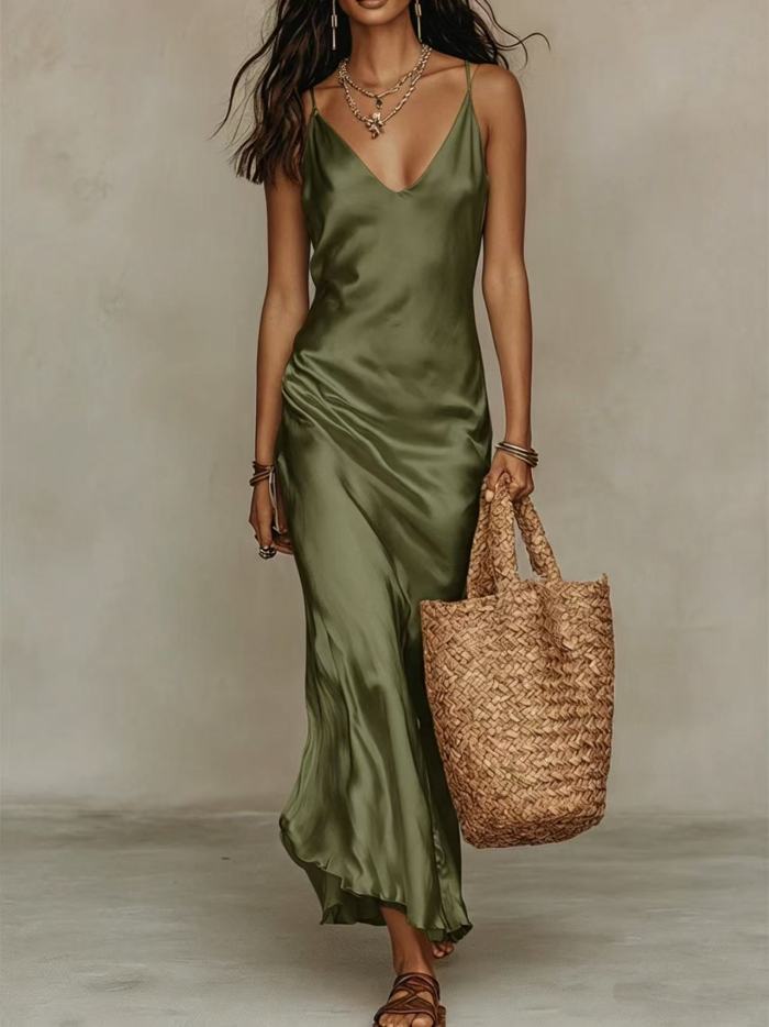 ✨Party & Banquet Deep V Neck Spaghetti Strap Satin Bodycon Long Dress🌙