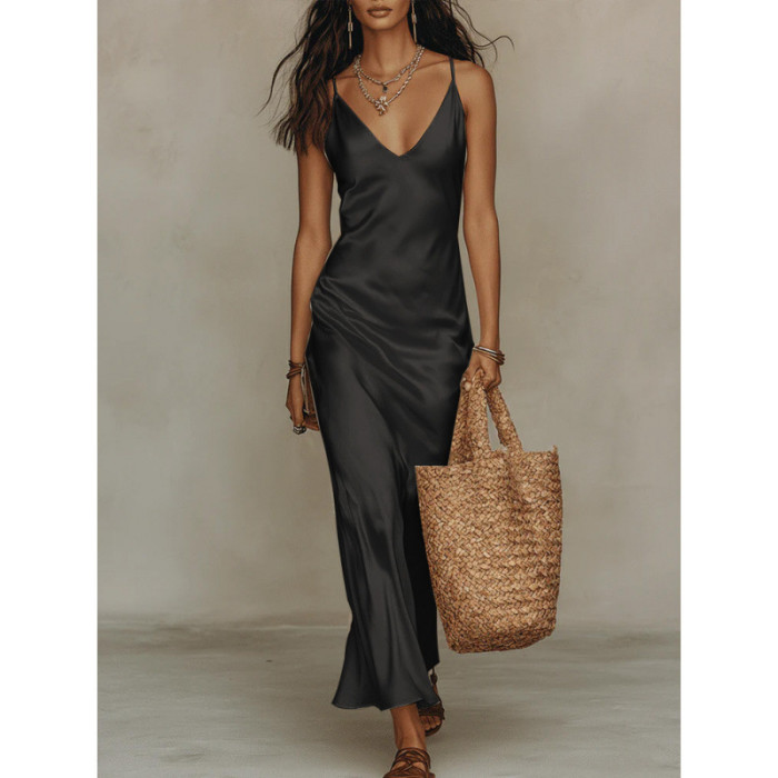 ✨Party & Banquet Deep V Neck Spaghetti Strap Satin Bodycon Long Dress🌙