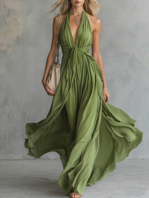 ✨Party & Daily V-neck Cinched Waist Sleeveless Solid Color Dress🌙