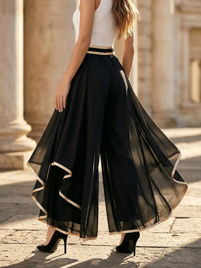 ✨Vacation & Boho Gold Trim Ruffle Hem High Waist Wide Leg Pants🌿