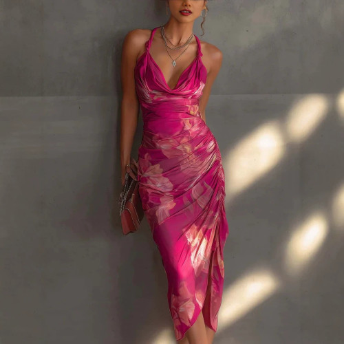 ✨Party & Boho Halter Backless Tie-Up Irregular Ruffle Hem Midi Dress🌸