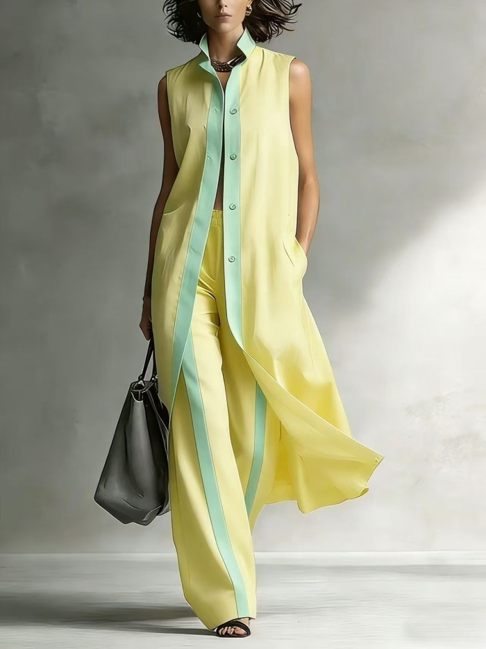 ✨Daily & Commute Contrast Color Single Breasted Long Shirt Cardigan Pants Set🌷