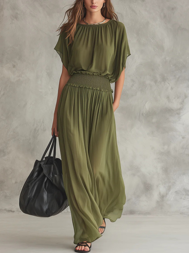 ✨Vacation & Party O Neck Solid Pocket Short Sleeve Maxi Dress🌸