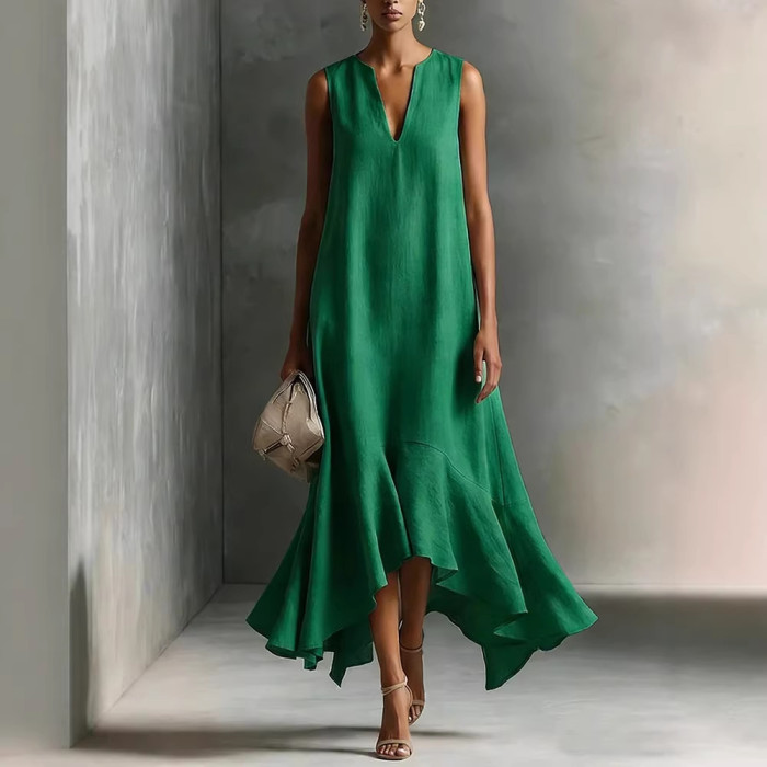 ✨Beach & Vacation V Neck Sleeveless Ruffle Hem Irregular A-Line Maxi Dress🌊