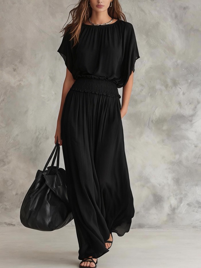 ✨Vacation & Party O Neck Solid Pocket Short Sleeve Maxi Dress🌸