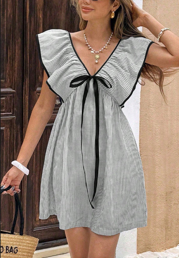 ✨Beach & Dating V-Neck Ruffled Flounce Sleeve Striped Mini Dress🌸