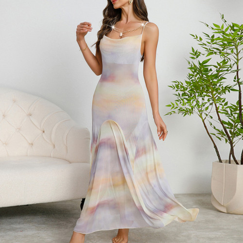 ✨Beach & Dating Spaghetti Strap Chain Neckline Tie-Dye Maxi Dress🌊