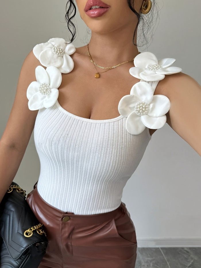 ✨Daily & Dating Square Neck Pearl 3D Floral Ribbed Knit Tank Top🌷