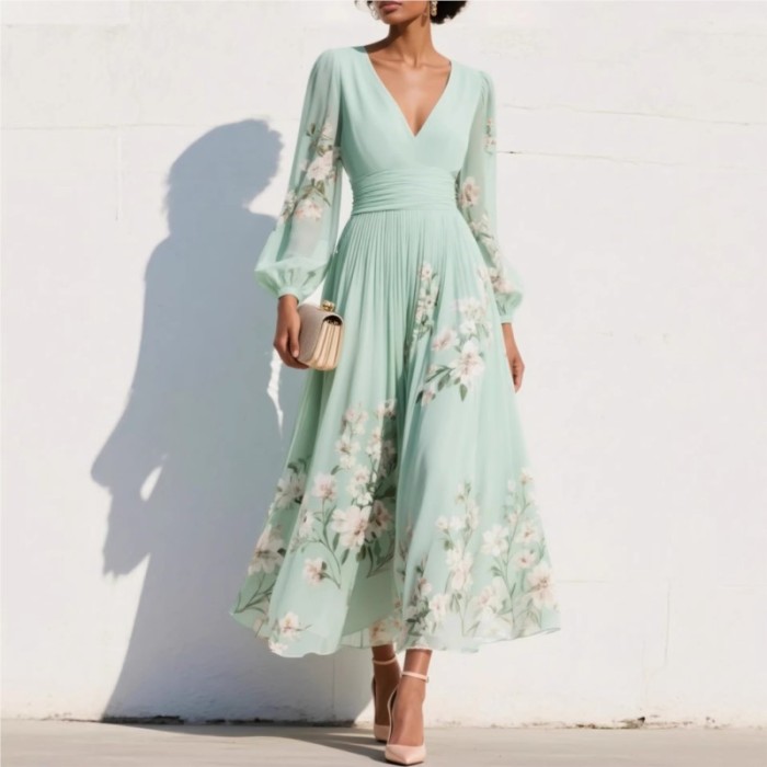 ✨Holiday & Party V-Neck Print Long Sleeve Big Swing Maxi Dress🌸