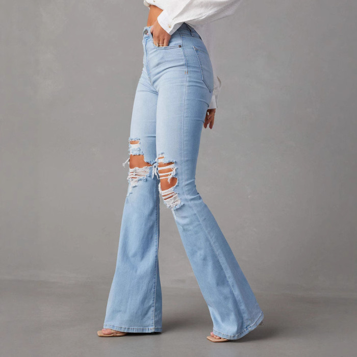 ✨Daily & Street High Waist Hole Button Flare Blue Jeans🌿