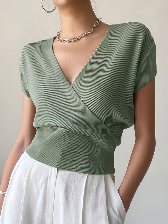 ✨Work & Casual V Neck Short Sleeve Ice Silk Knitted Top🌿